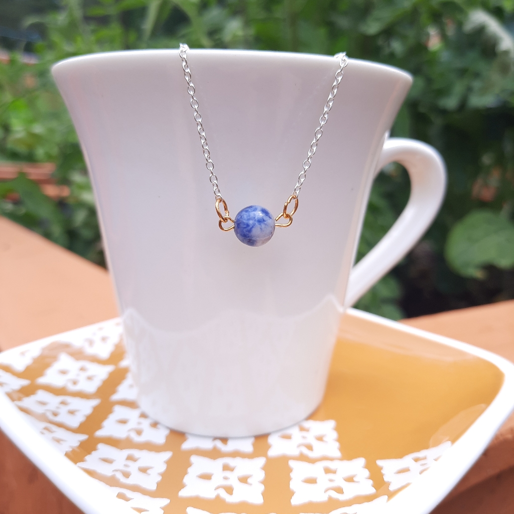 Blue Sodalite Stone Simple Two Tone Necklace